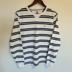 Tommy Hilfiger Cream and Navy Striped Crewneck Sweater Size Small